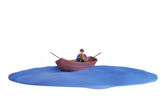 Man fishing on the boat  3D Illustration