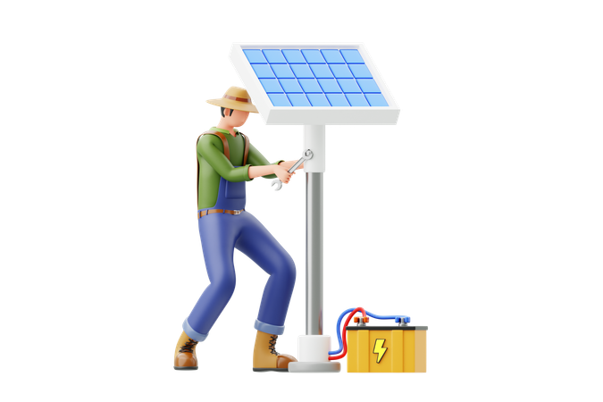 Man Fixing Solar Panel  3D Illustration