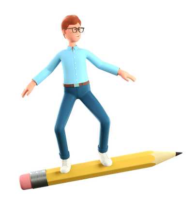 Man flying on a big pencil like skateboarder 3D Illustration