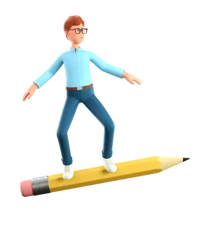 3 D Illustration Of Smiling Creative Man Standing On Big Pencil Like Skateboarder And Flying In Air Cartoon Businessman Team Leader Student Generating Ideas 3D Illustration