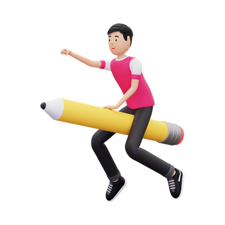 Man Flying With Pencil  3D Icon
