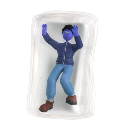 Man Freezing On Ice Cube  3D Illustration