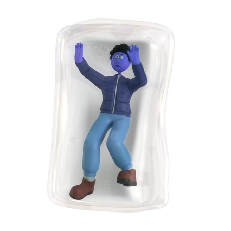 Man Freezing On Ice Cube  3D Illustration