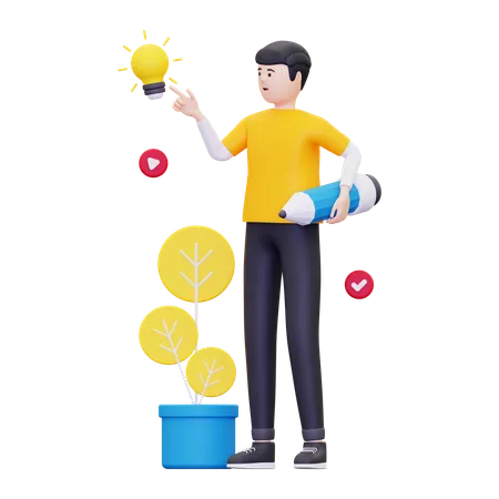 Man Getting Bright Idea  3D Illustration