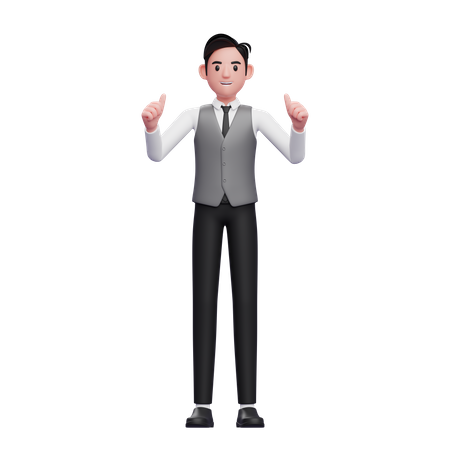 Man give double thumbs up wearing a gray office vest  3D Icon