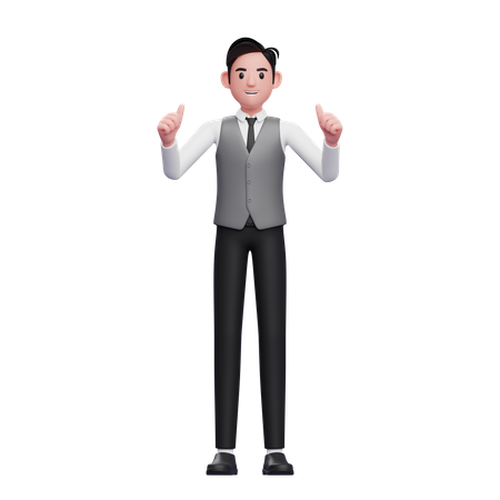 Man give double thumbs up wearing a gray office vest 3D Illustration