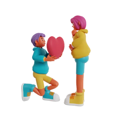 Man Giving Heart Balloon To Woman  3D Illustration