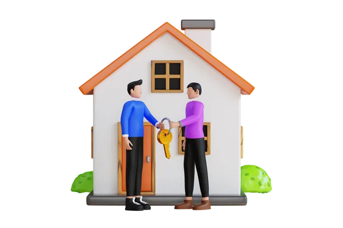 Man Give Keys To House To New Buyer 3 D Illustration Home Purchase Deal 3 D Illustration 3D Illustration