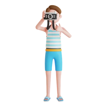 Man giving thumbs up while clicking photo  3D Illustration