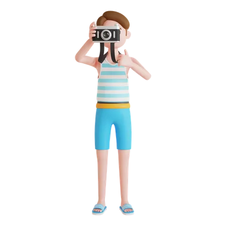 Man giving thumbs up while clicking photo 3D Illustration