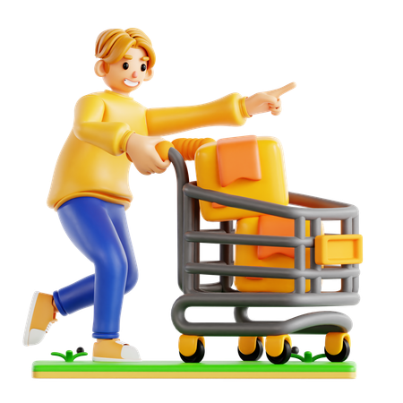 Man Go To Shopping With Shopping Cart  3D Icon