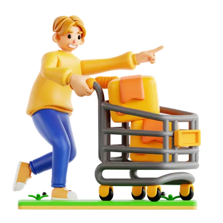 Man Go To Shopping With Shopping Cart  3D Icon