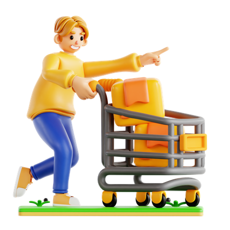Man Go To Shopping With Shopping Cart  3D Icon