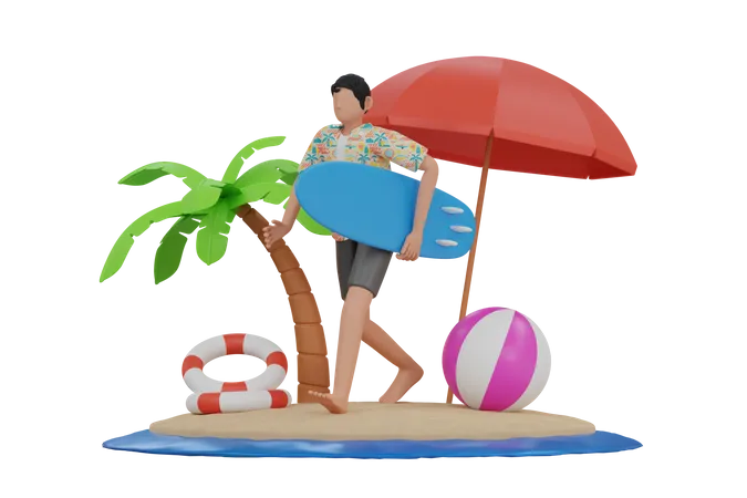 Man going for surfing  3D Illustration