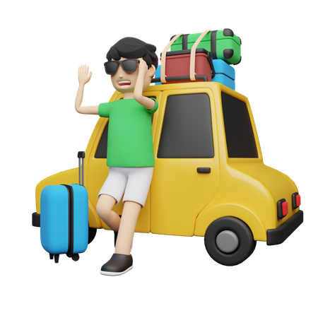 車で旅に出る男性  3D Illustration