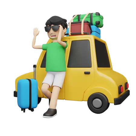 車で旅に出る男性  3D Illustration