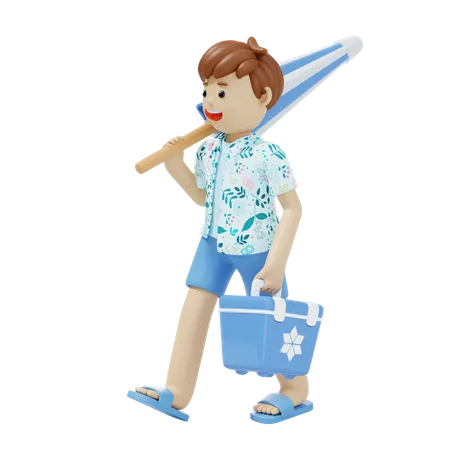 Man Going To Beach  3D Illustration