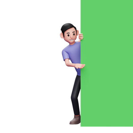 Man hiding behind blank advertisement board  3D Illustration