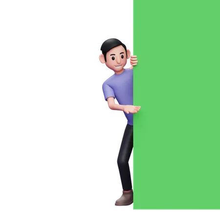 Man hiding behind blank advertisement board  3D Illustration