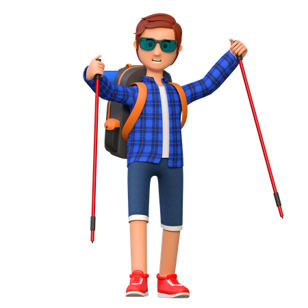 Man hiking mountain with hiking sticks  3D Icon