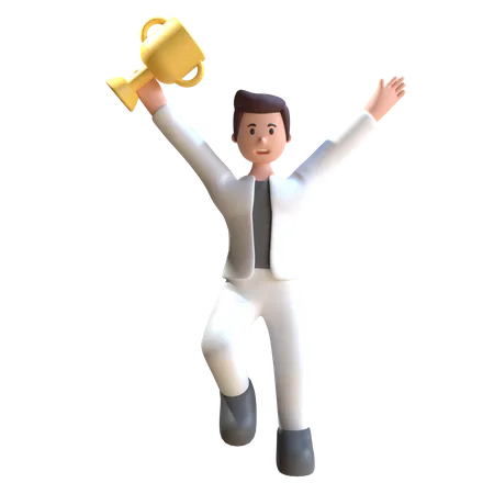 Man Hold Trophy  3D Illustration