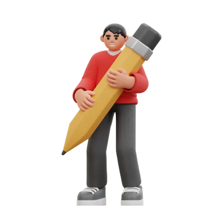 Man Holding A Big Pencil 3 D Illustration 3D Icon