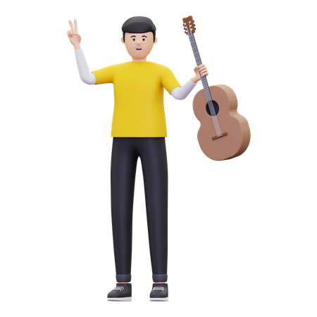 Man Holding A Guitar  3D Illustration