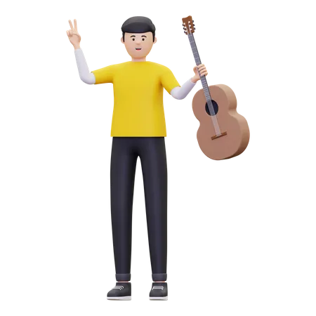Man Holding A Guitar  3D Illustration