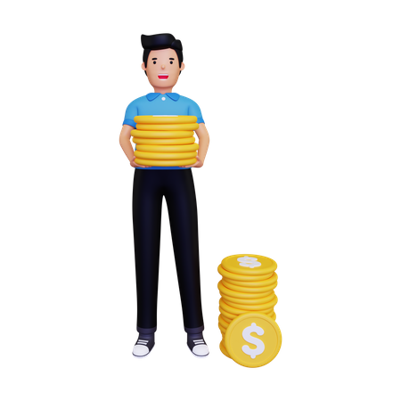 Man holding a pile of gold coins 3D Illustration