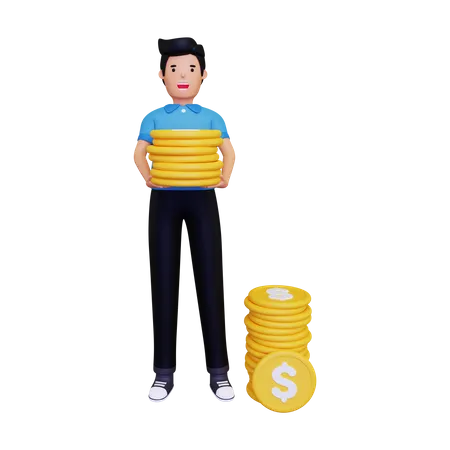 3 D Man Holding A Pile Of Gold Coins 3D Illustration