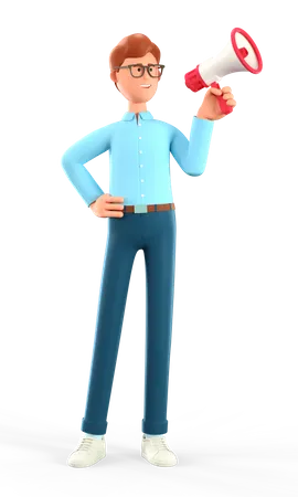 3 D Illustration Of Cartoon Smiling Man Holding A Speaker Cute Businessman Announcing Over The Loudspeaker Business Advertising Promotional Concept 3D Illustration