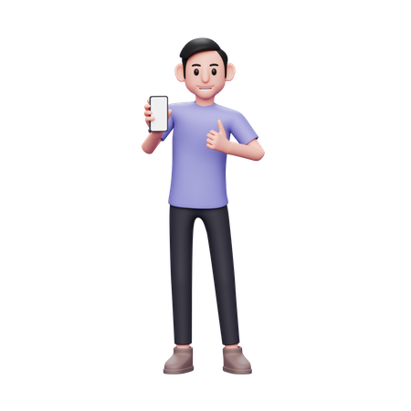 Man holding and recommending something on the phone screen with a thumbs up  3D Illustration