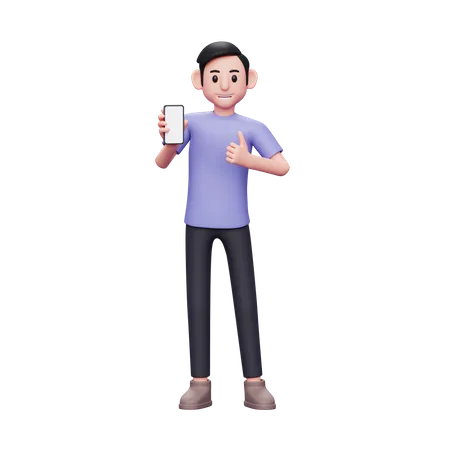 Man holding and recommending something on the phone screen with a thumbs up  3D Illustration