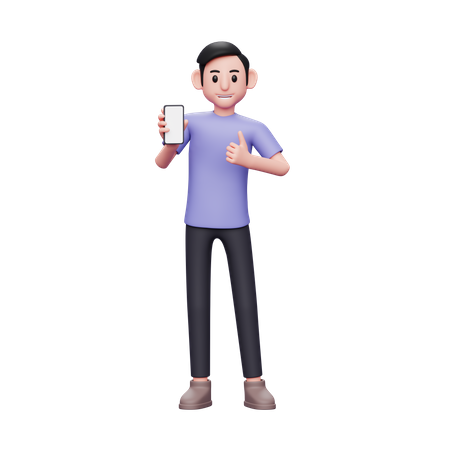 Man holding and recommending something on the phone screen with a thumbs up 3D Illustration