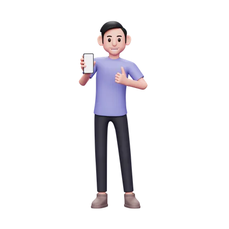 Man holding and recommending something on the phone screen with a thumbs up 3D Illustration