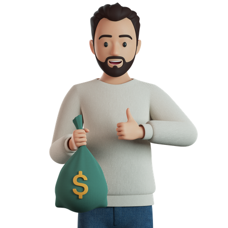 Man Holding Bag Of Money  3D Illustration