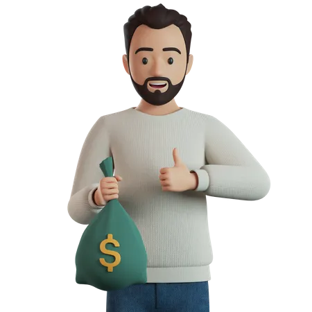 Man Holding Bag Of Money  3D Illustration