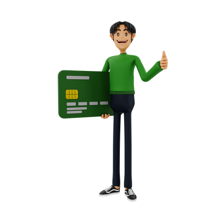 Man holding bank card while showing thumbs up  3D Illustration