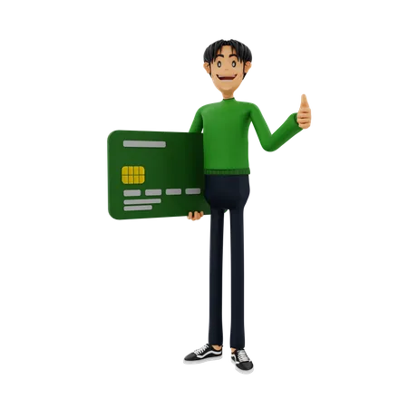 Man holding bank card while showing thumbs up  3D Illustration