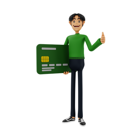 Man holding bank card while showing thumbs up 3D Illustration