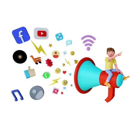 Man holding big megaphone doing social media marketing  3D Illustration