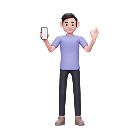 Man holding blank screen mobile phone and showing ok finger  3D Icon
