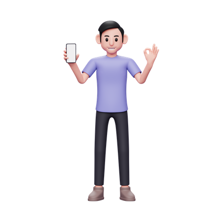 Man holding blank screen mobile phone and showing ok finger  3D Illustration