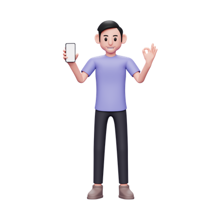 Man holding blank screen mobile phone and showing ok finger 3D Illustration