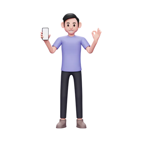 3 D Character Illustration Casual Man Holding Blank Screen Mobile Phone And Showing Ok Finger 3D Illustration