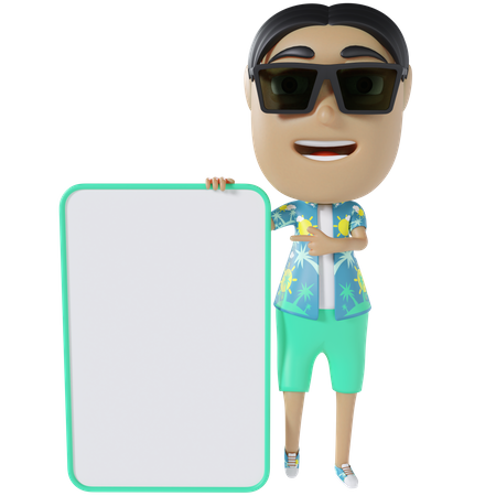 Man holding blank space board on beach  3D Illustration