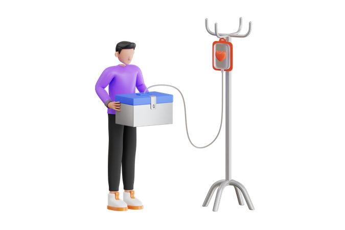 Man Holding Blood Donation Box  3D Illustration