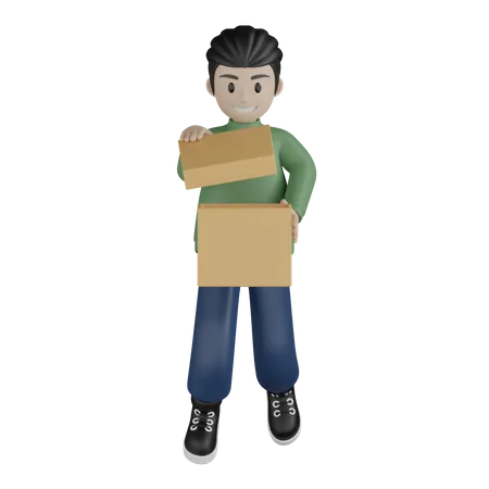 Man holding box and unboxing it  3D Illustration