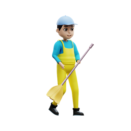 Man Holding Broom Stick  3D Illustration