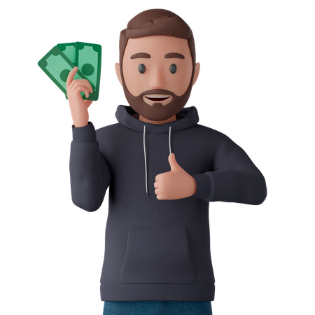 Man holding cash and giving thumb up  3D Illustration